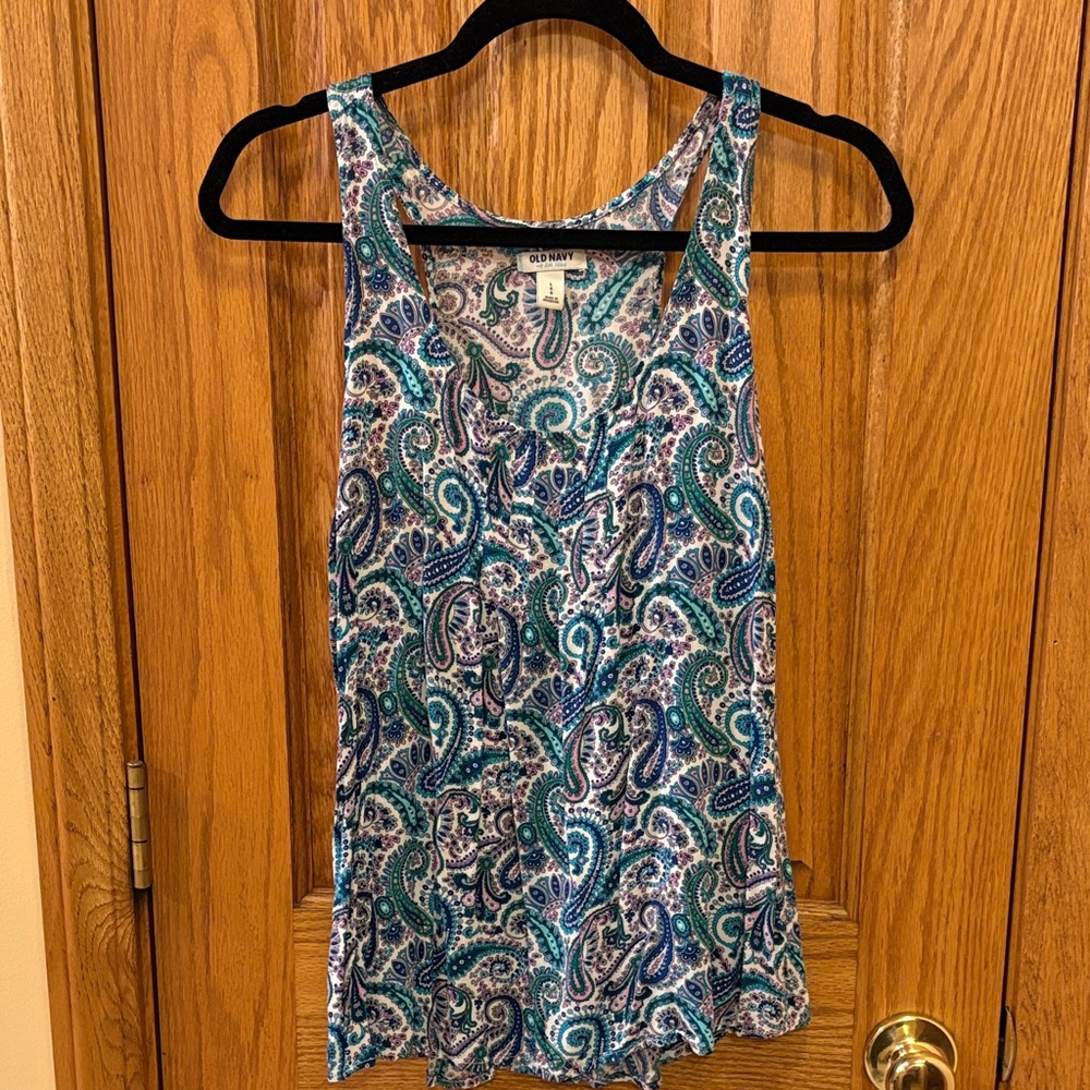 Old Navy Teal and Blue Paisley Scoop Neck Racerback Tank
